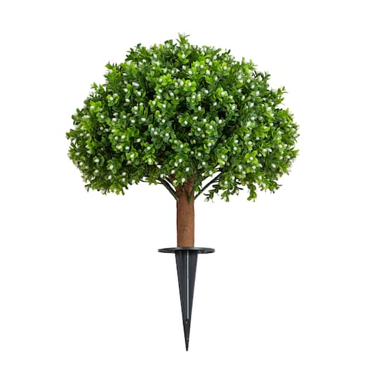 23" UV Resistant Artificial Flowering Boxwood Topiary with Integrated Ground Stake (Indoor/Outdoor)